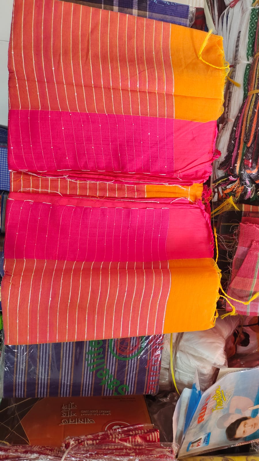 Dual-Tone Magenta & Orange Cotton Saree with Zari Stripes
