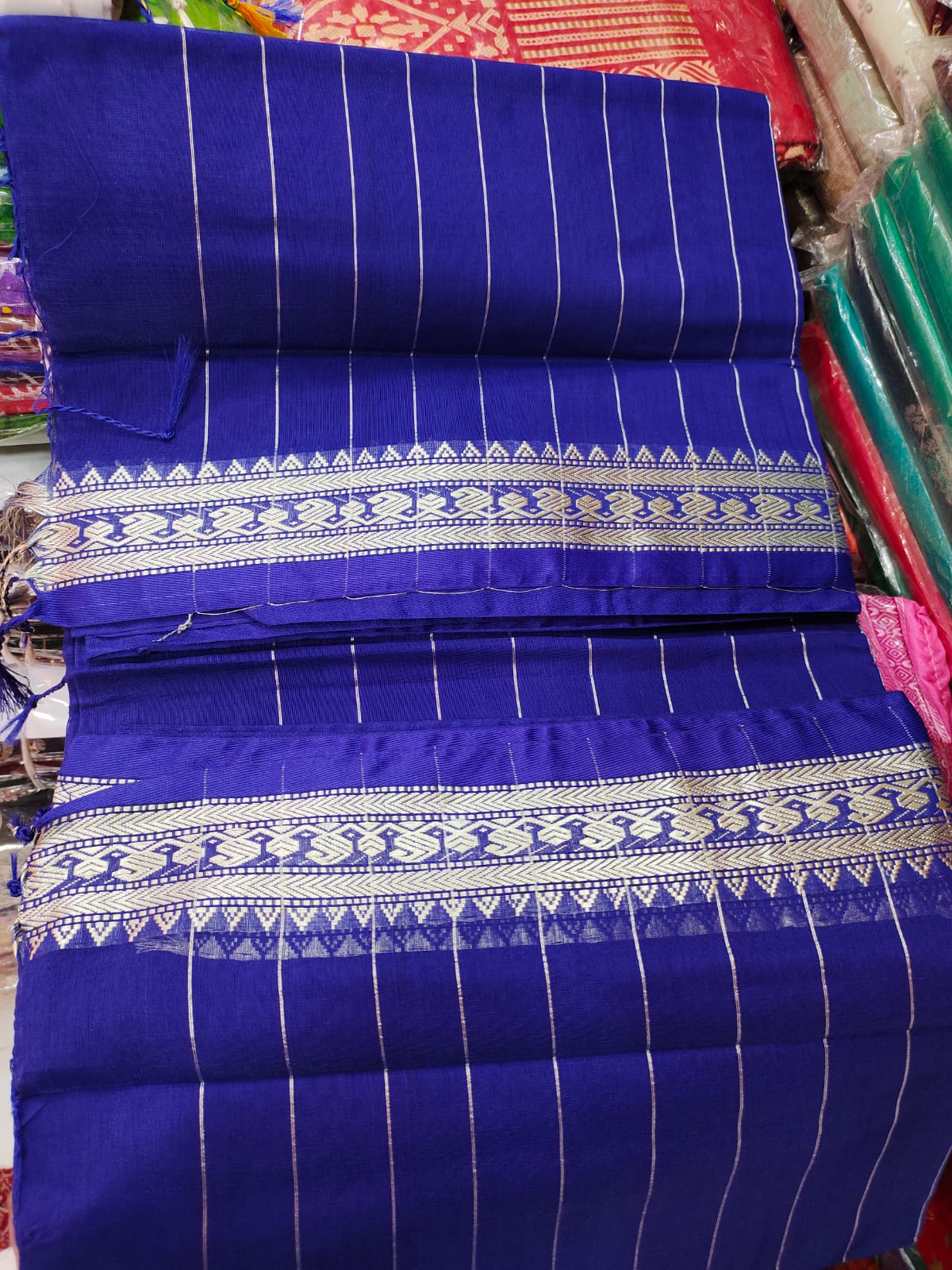 Royal Blue Cotton Saree with Silver Zari Border & Vertical Stripes