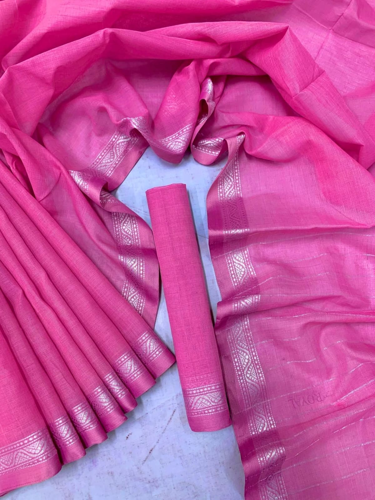 Vibrant Pink Cotton Saree with Silver Zari Border