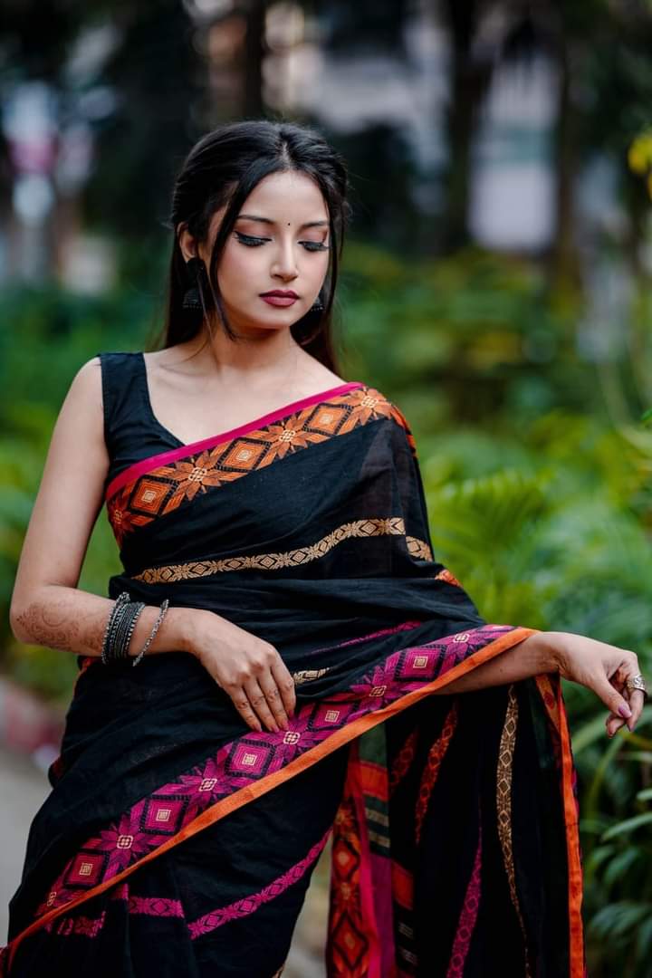 Classic Black Cotton Saree with Magenta & Orange Woven Geometric Border