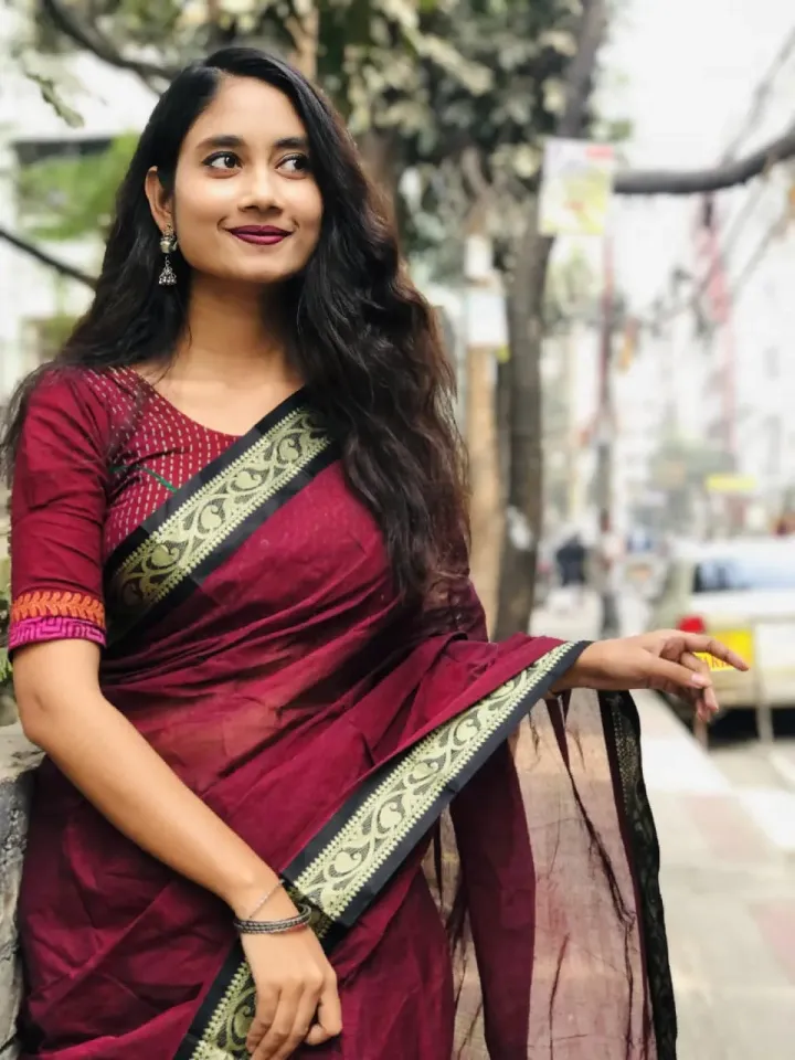 Maroon Cotton Saree with Black & Gold Zari Paisley Border