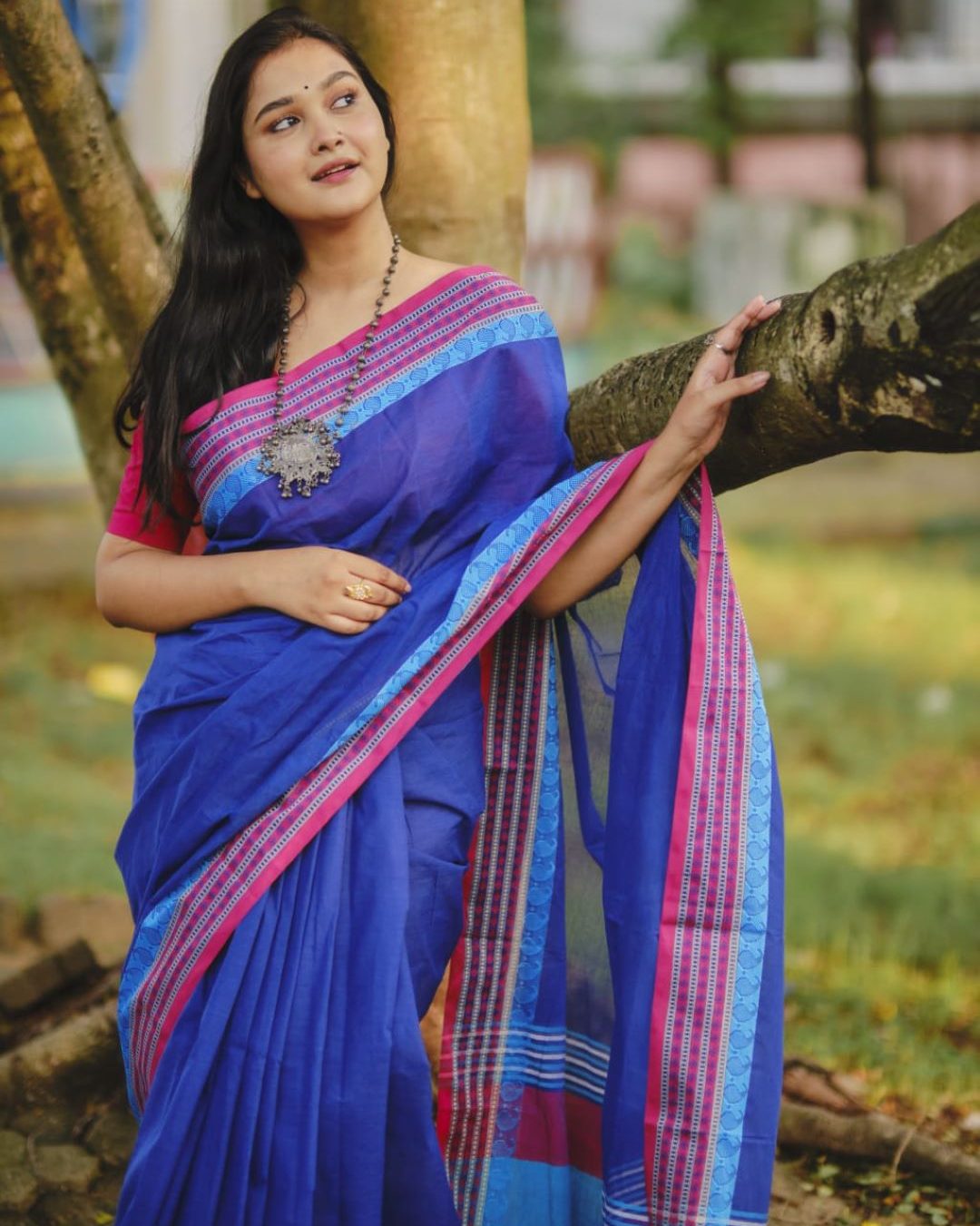 Royal Blue Cotton Saree with Pink & Sky Blue Striped Border