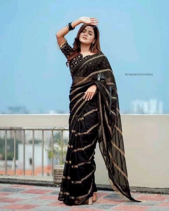 This item is a Black Georgette Saree with Zari Leaf Embroidery (commonly known in online boutique collections as the Dhansiri Saree or Mira Saree