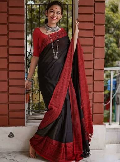 Classic Black Cotton Saree with Crimson Red Woven Border