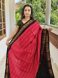 Bright Red Cotton Saree with Pin Stripes & Black Elephant Zari Border