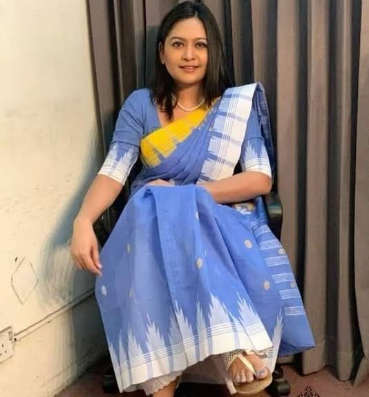 Powder Blue Cotton Saree with White Temple Border & Yellow Accent