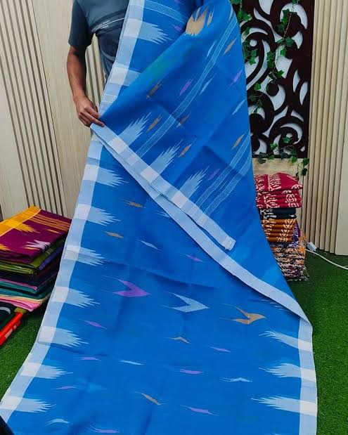 Bright Sky Blue Cotton Saree with White Temple Border & Geometric Motifs