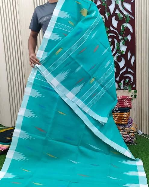 Aqua Blue Cotton Jamdani Saree with Floral Motifs & Yellow Accent Border