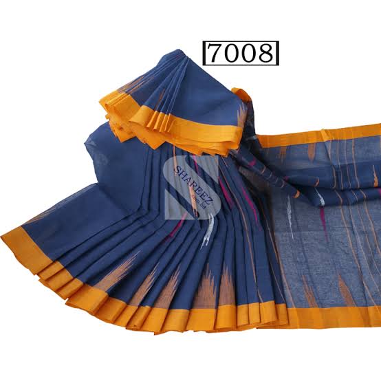 Slate Blue Cotton Saree with Mustard Yellow Temple Border & Geometric Motifs